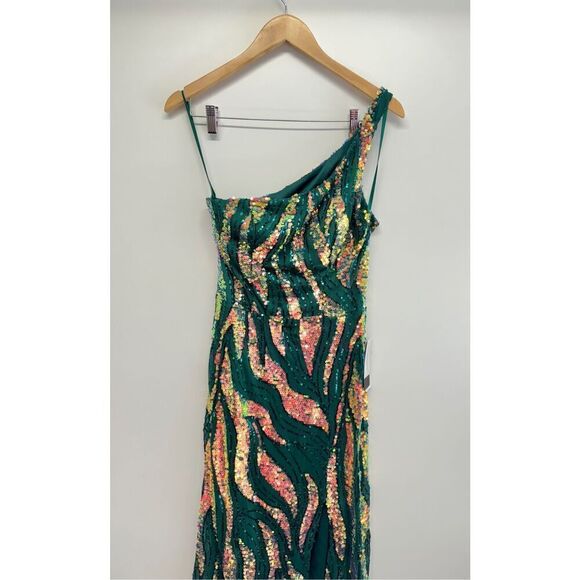 City Studio Dress‎ Juniors' Sequin One-Shoulder Slit Gown Size 8 Green Gold NWT - Picture 6 of 12